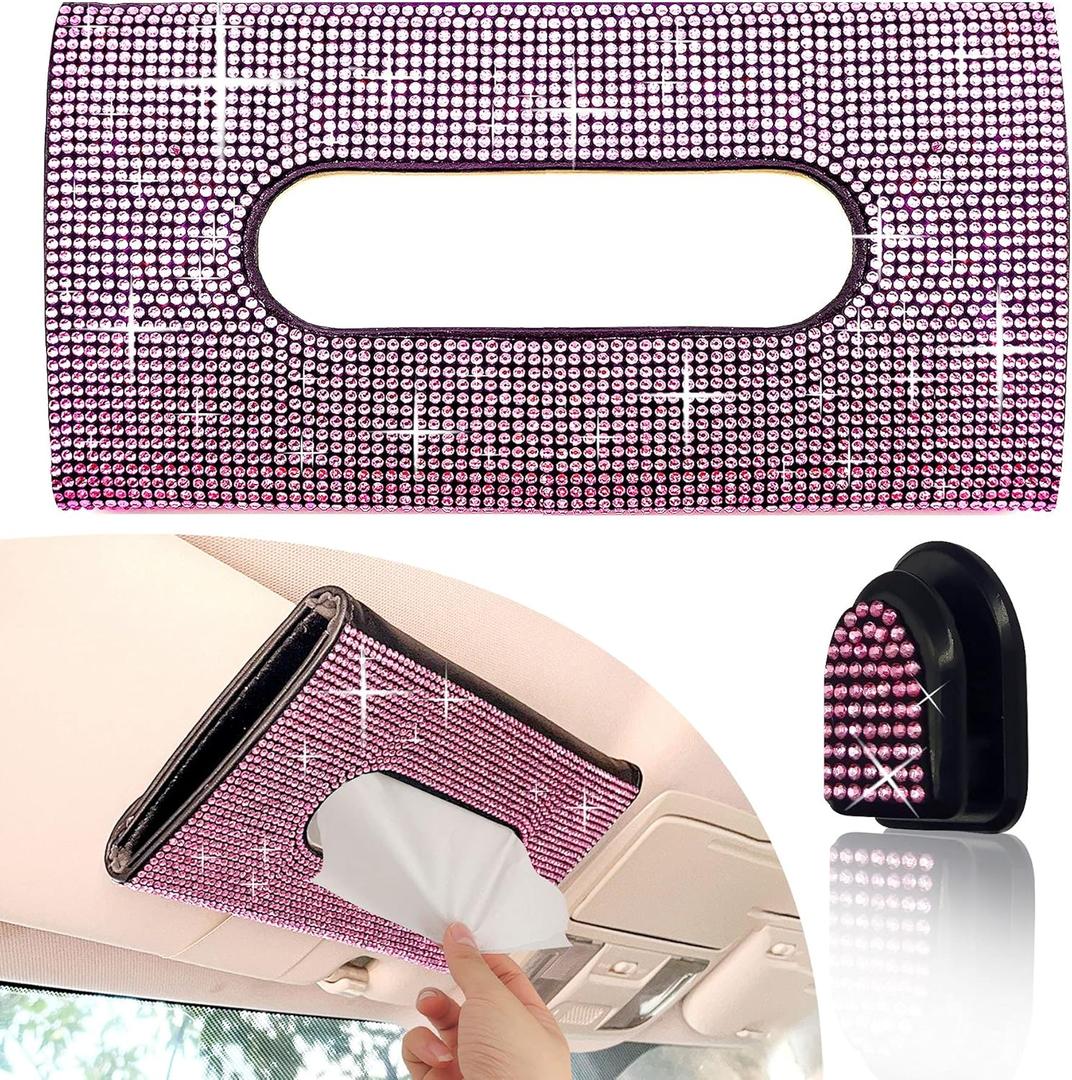 Car Sun Visor Tissue Box Holder,Dermasy Hanging Car Sparkly Crystal PU Leather Napkin Case Holder Bling car Accessories for Women and Ladies (Pink)