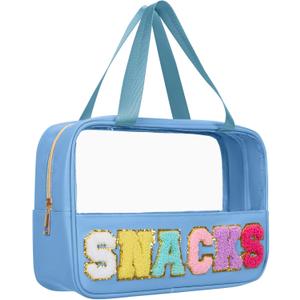 Snack Bags Chenille Letter Patch Clear Bag Snacks Bag for Travel, Preppy Cosmetic Bag Snacks Pouch with Zipper, Toiletry Bag for Traveling women, Clear Travel Bags for Toiletries (Blue-Snack)