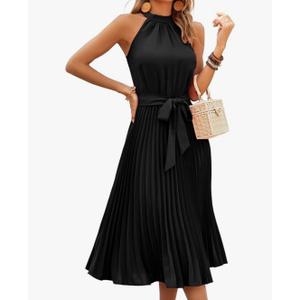 Women's 2025 Summer Sleeveless Halter Neck Pleated Midi Cocktail Dresses A Line Flowy Beach Sun Dress Medium Black