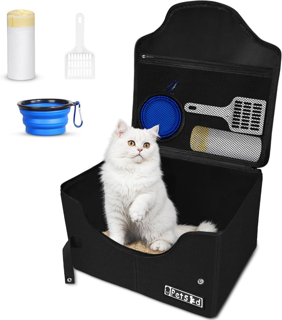 Petskd Portable Travel Litter Box for Cats with Lid and 10 pcs Liner Bags, Light Weight, Leak-Proof and Higher Sides for Road Trips, Hotel Stays, Car Travel(Black) (Large)