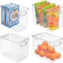 mDesign Plastic Deep Kitchen and Pantry Organizer Storage Bin with Handles for Cabinet, Fridge, Freezer - Food Storage Containers for Snacks, Yogurt Pouches or Fruit, Ligne Collection, 4 Pack, Clear