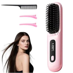 Go Brush Pro 2025 New Cordless Hair Straightener Brush - 199 Million Negative Ions, Compact & Travel-Friendly with LED Display, 4000mAh Rechargeable, Anti-Scald Mini Hot Comb for Women (Pink)