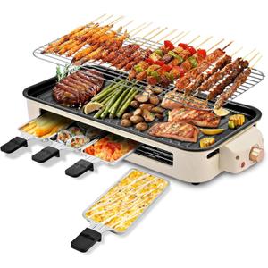 Pukomc Electric Indoor Grill,2 in 1 Indoor Grills for Kitchen with Grill Net & Non-Stick Cooking Removable Plate, Temperature Control, Dishwasher Safe, 1800W Large Smokeless Griddle (Beige)