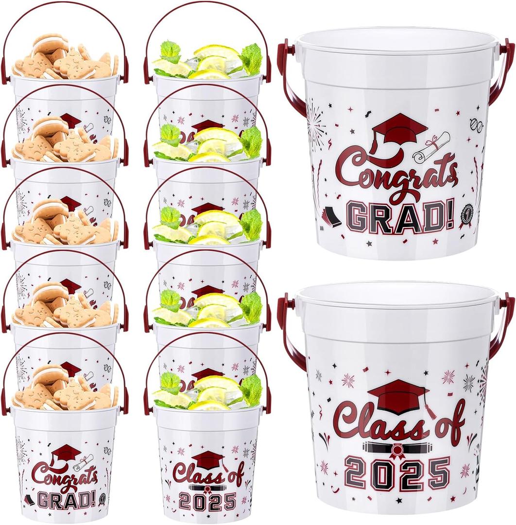 meekoo 12 Pcs 32oz Graduation Buckets with Handle Class of 2025 Versatile Plastic Treat Pail Bucket Bulk for Drinks Candy Cocktail Snack Gifts Grad Party Supplies(Wine Red)