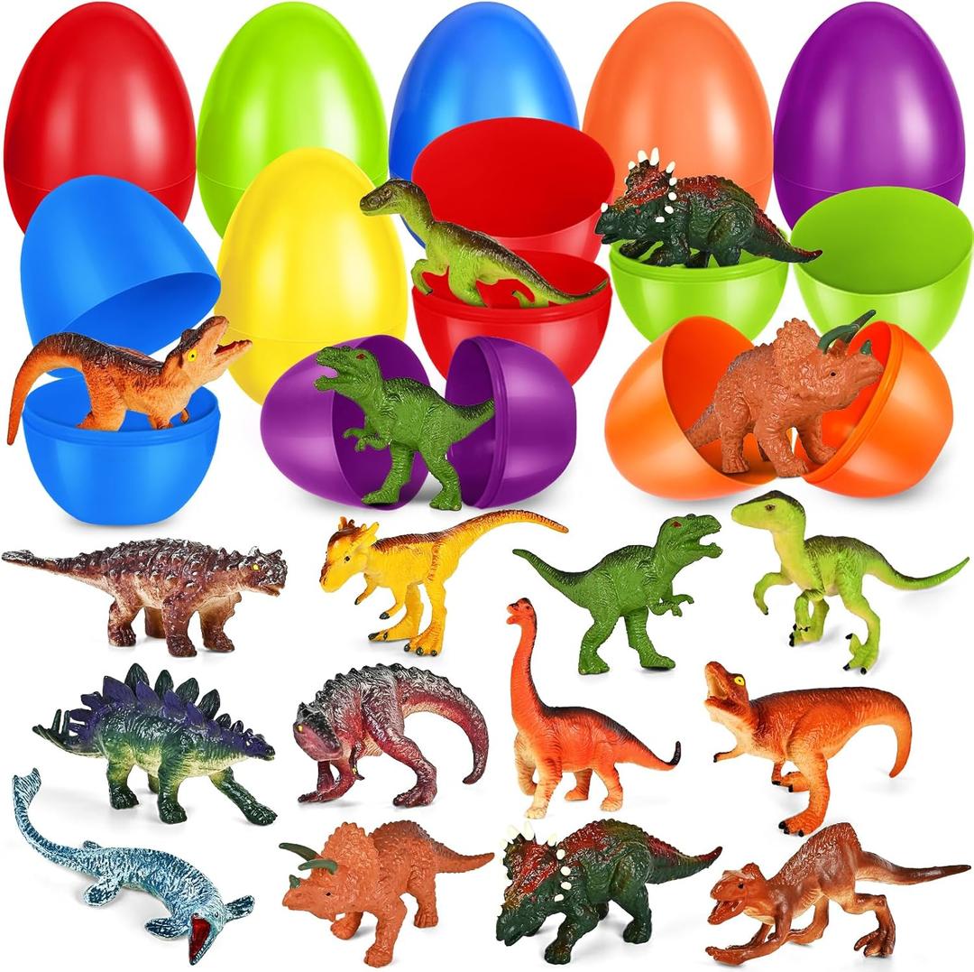 OCHIDO 12 Pack Easter Eggs Filled with Dinosaur Toy, Easter Basket Stuffers for Kids, Easter Basket Essentials, Easter Party Favors for Easter Egg Hunt Game, Classroom Rewards