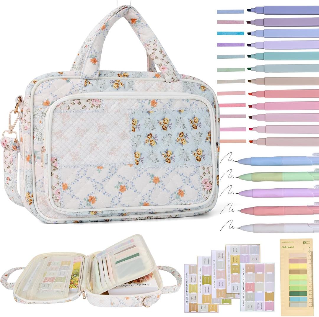 Bible Cover Case for Women Bible Study Supplies Christian Gifts for Women Church Camp Essentials Christian Bible Journaling Kit Quilted Large Bible Cover with Durable Handle (Spliced Flower, Large)