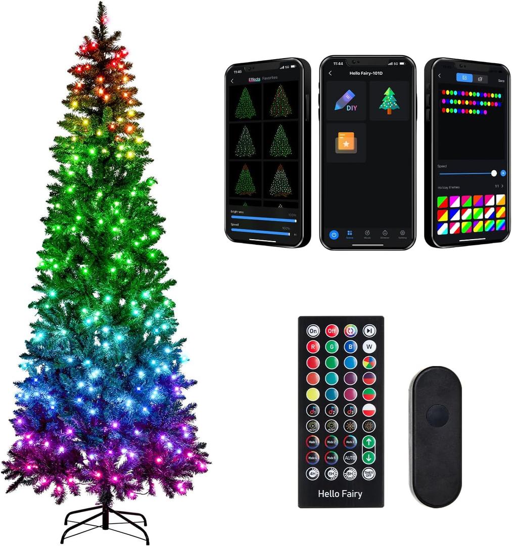7.5FT Prelit Christmas Tree with 350 LED Lights, App Controlled Artificial Christmas Tree with Multi-Color RGB Lights & Music Sync, Slim Pencil Christmas Tree for Home Christmas Decorations
