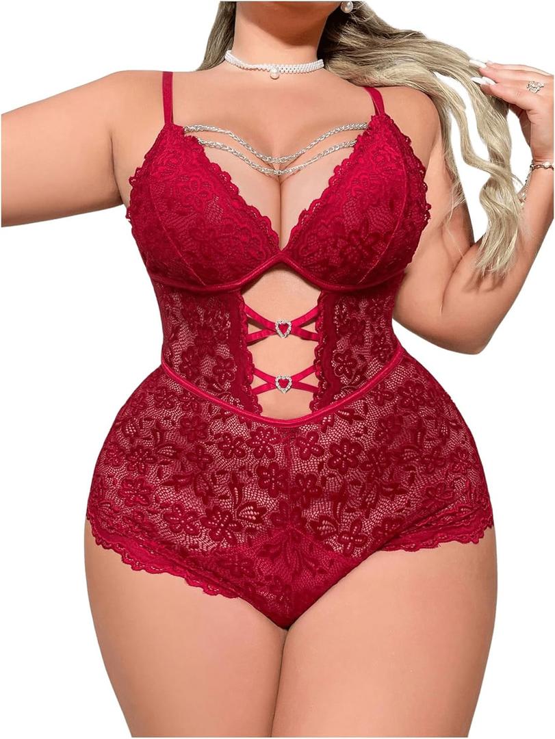 Milumia Plus Size Sexy Lingerie for Women Floral Lace Bodysuits with Chain Rhinestone Cut Out One Piece Nightgown Sleepwear (XX-Large Plus, Burgundy)