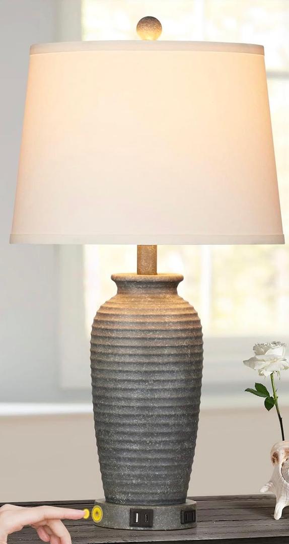 CINSARY 25" Farmhouse Jar Table Lamps, 3 Way Touch Control Rustic Bedside Lamps with USB A+C Ports & AC Outlet, Pot Nightstand Lamps for Bedroom Living Room (LED Bulbs Included), Set of 1