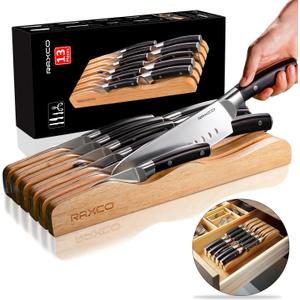 RAXCO Drawer Knife Set,13-Piece Stainless Steel Kitchen Knifes With Built-in Sharpener (Silver&Black)