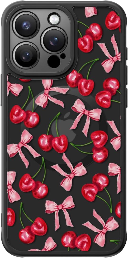 FUNMIKO for iPhone 15 Pro Case Wireless Charging & Military-Grade Protection - Cute Floral Design for Women Girls, Non-Slip Matte Cover with Shockproof Corners - Cherry and Bows