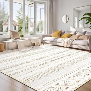 cotiled 9x12 Area Rug Living Room: Washable Boho Rugs with Non Slip Backing Large Soft Indoor Stain Resistant Carpet for Bedroom Farmhouse Dining Room Lightweight Home Decor L Brown/Cream