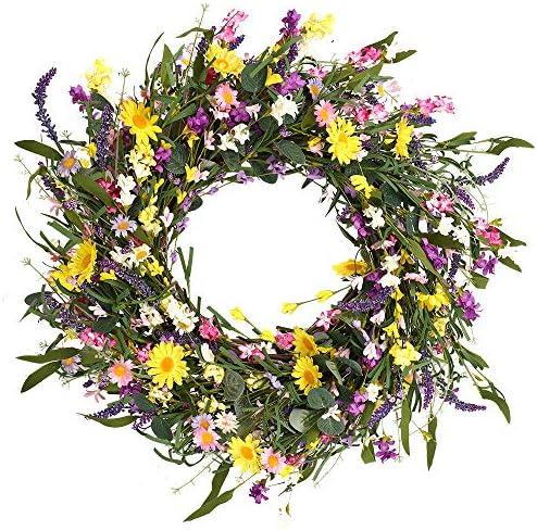J'FLORU Spring Wreath 24 Inch Summer Wreaths for Front Door Artificial Flower Wreath with Daisy and Lavender for Indoor Outdoor and Easter Celebration