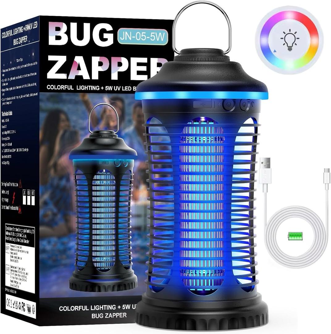 Rechargeable Bug Zapper Outdoor & Indoor, Mosquito Fruit Fly Trap, Gnat Moths Catcher, 4200V Grid, USB Charging, 4000mAh Battery, Fit for Home, Kitchen, Backyard, Camping, Patio, Black