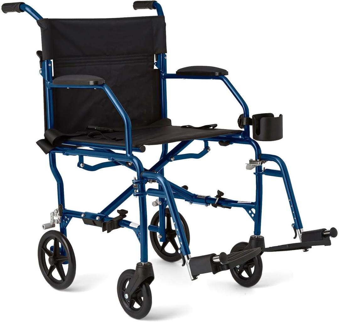 Medline Ultra Lightweight Transport Wheelchair for Adults, Foldable, 19-Inch Seat Width, Blue Frame, Black Upholstery