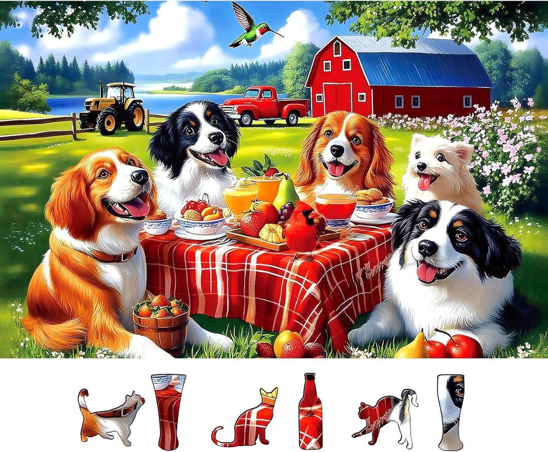 Spring Dogs Farm Picnic 500 Piece Puzzle for Adults, Fun Puzzles for Adults 500 Pieces with HD Print & Poster, 23" X 15" Dust Free, for Gifts Halloween Christmas Family Games Lovers
