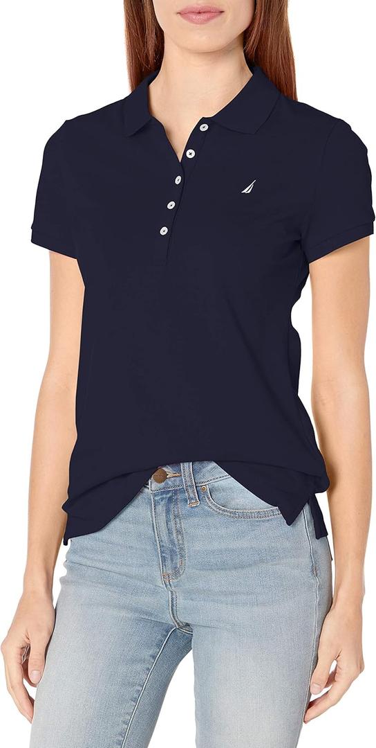 Nautica Women's 5-Button Short Sleeve Cotton Polo Shirt (Navy, Small)