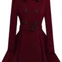 ForeMode Women Swing Double Breasted Wool Pea Coat with Belt Buckle Spring Mid-Long Long Sleeve Lapel Dresses Outwear (Large, Wine Red)