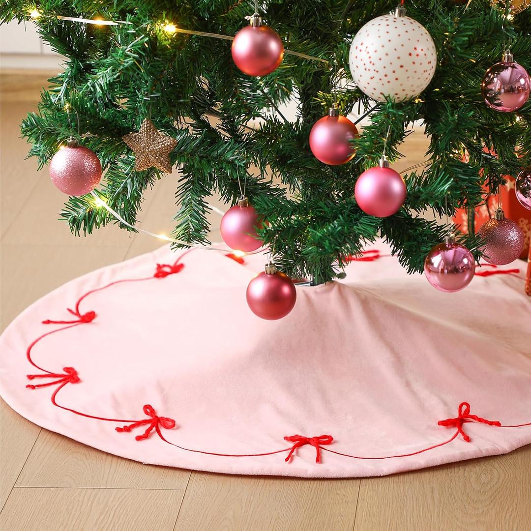 Pink Christmas Tree Skirt, 36 Inch Pink Bows Tree Skirt Velvet Plush Stand Decorations with 3D Red Bows Base Mat Thick Rugs for Xmas Holiday Party Indoor Outdoor Home Ornaments