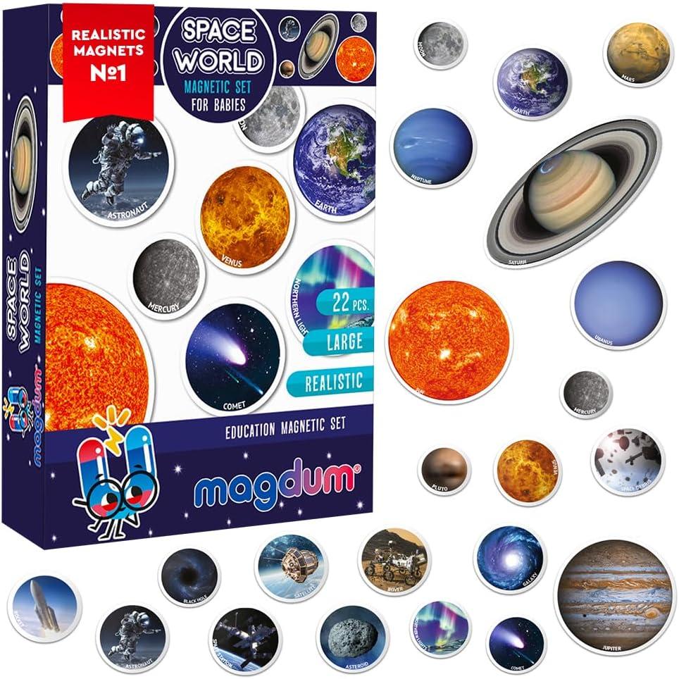 Solar System Fridge Magnets for Kids - Magdum - 22 Realistic Space Magnets for Toddlers - Real Refrigerator Magnets - Planets for Kids Magnetic Universe - Science Toys for Children - Astronomy Gifts