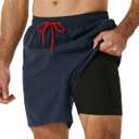 SILKWORLD Mens Swimming Trunks with Compression Liner 2 in 1 Quick-Dry Swim Shorts with Zipper Pockets (Large, Navy)