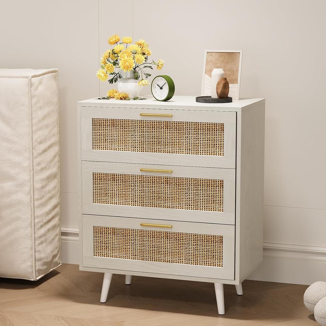 Trironsun Rattan Night Stand Boho End Table with 3 Storage Drawer Wooden Bedside Tables Bed Side Table Accent Tables for Bedroom Small Space (White Cream Oak), 13.8"D x 23.6"W x 29.3"H