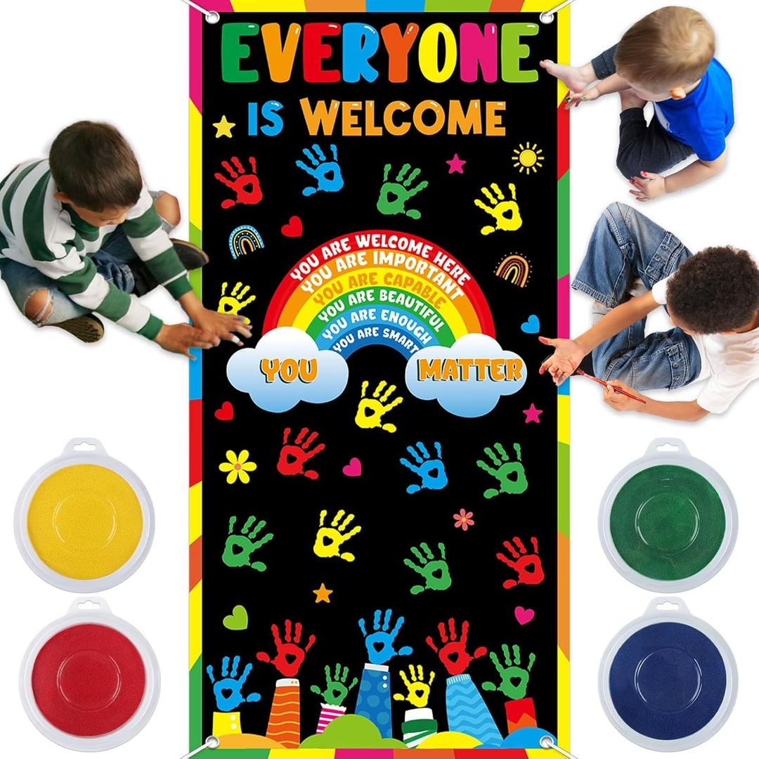 Classroom Welcome Door Cover Everyone is Welcome Banner Wall Door Decor DIY Colorful Handprint Art Craft with 4 PCS Large Ink Pads Diversity Back To School Hanging Banner Decoration for Kids