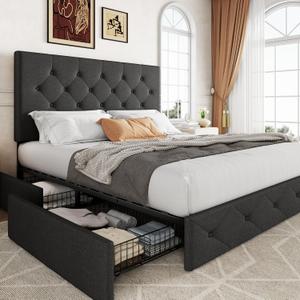 Queen Size Upholstered Platform Bed Frame with 4 Storage Drawers, Curved Diamond Button Tufted Headboard, Strong Wooden Slats Support, No Box Spring Needed, Easy Assembly, Grey