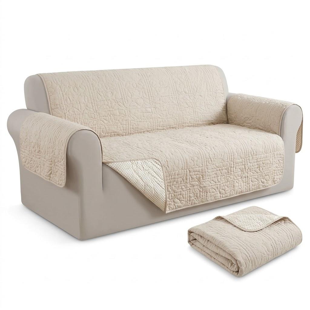 Famhaven Quilted Sofa Slipcover – Reversible Couch Cover Protector with Polka Dot Pattern, Furniture Guard for Dogs, Pets & Kids – Beige / Cream, 
Product Dimensions	74"D x 117"W x 0.25"H