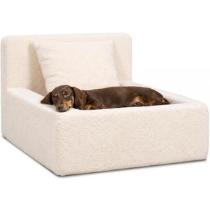 Boucle Dog Bed with Pillow, Furniture Style Dog Couch with Backrest, Washable Calming Pet Sofa Lounge for Small Medium Dogs, Beige