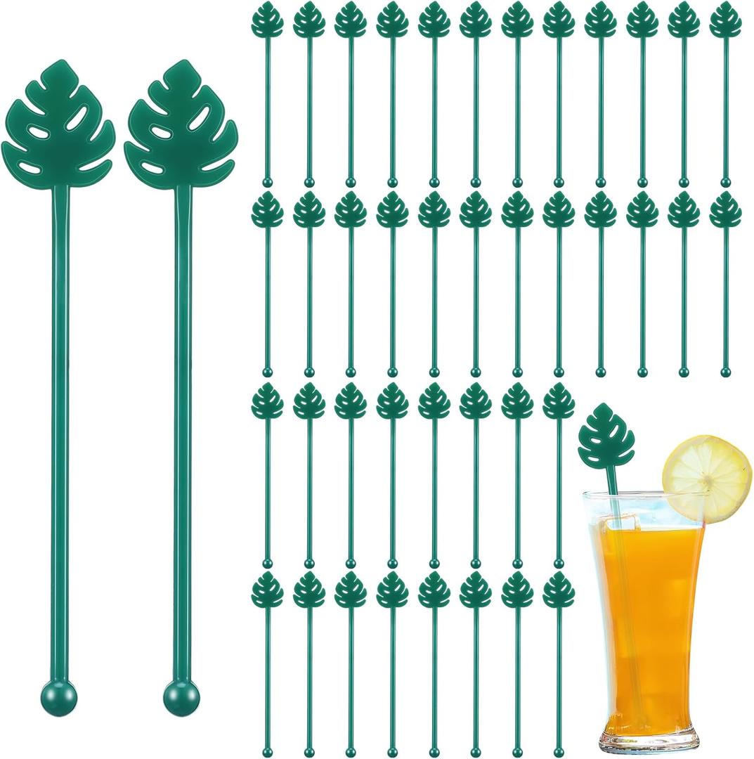 Hushee 30 Pcs Cocktail Swizzle Sticks 6 Inch Fun Cocktail Stir Sticks Reusable Food Picks Stirrers Drink Cocktail Shaker for Juices Milk Beverages Coffee Chocolate Party Decoration (Palm Leaves)
