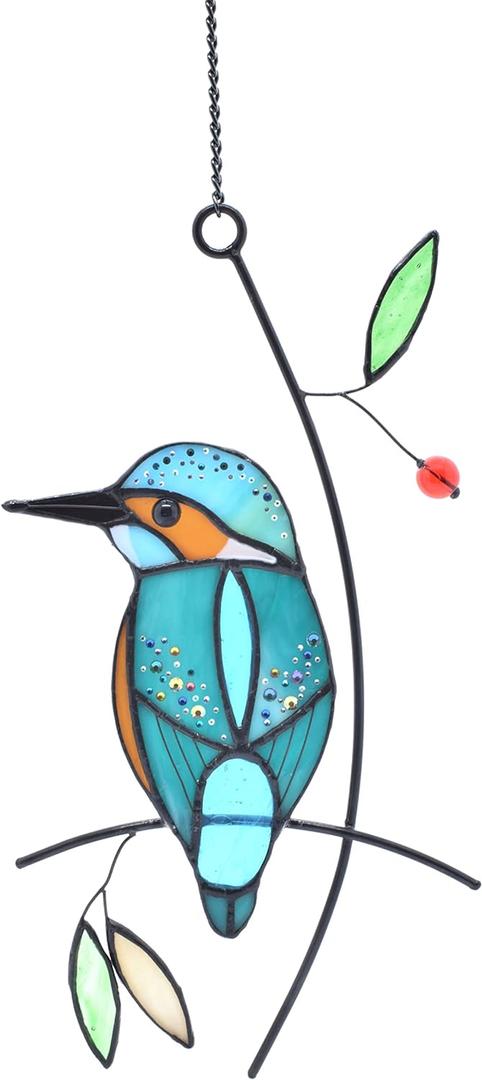 Lolitarcrafts Kingfisher Stained Glass Window Hangings Bluebird on Branch Suncatchers for Window Modern Birds Decor (Blue with Rhinestone)