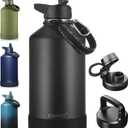 CIVAGO Gallon Insulated Water Bottle Jug with Straw, 128 oz Large Stainless Steel Water Flask, Big Metal Thermal Mug with 3 Lids for Sports, Travel, Gym, and Camping, Black