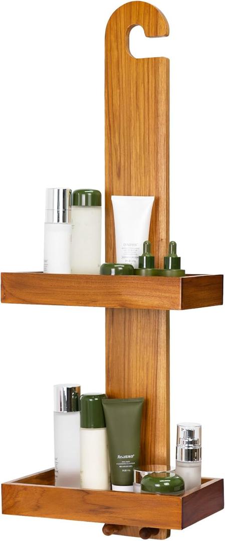 Utoplike Teak Hanging Shower Caddy with Hooks, Bathroom Shower Organizer Over Shower Head, 2-Tier Wood Shelf for Shampoo, Towels, No Drilling