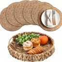BSSN Woven Placemats Set of 6 with Water Hyacinth Storage Basket, Natural Woven Table Mats for Dining Table, Handmade Boho Wicker Place Mats, Heat-Resistant Round Farmhouse Table Decor (Cattail Khaki)