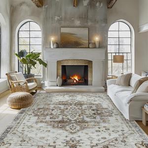 Washable Rug Living Room Rugs: 8x10 Area Rug Large Soft Boho Vintage Medallion Carpets Indoor Floor Anti Slip Non-Shedding Thin Carpet for Bedroom Dining Room Farmhouse Nursery Home Office-Taupe (8ft x 10ft)