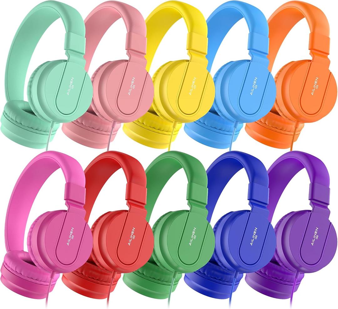 Classroom Headphones Bulk 10 Pack - Kids Headphones for School K-12 Student, 93dB Volume Limited On-Ear Wired Headset with Microphone, Durable 3.5mm Jack for Class Set Library Computer (Mixed Color)