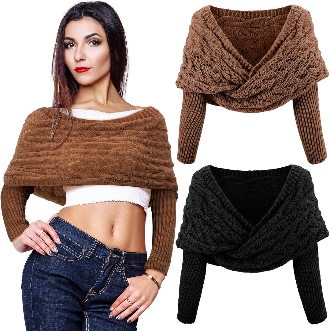 Geyoga 2 Pcs Scarf with Sleeves for Women Knitted Wrap Sweater Scarf with Sleeves Shrugs for Women Wrap Shawl (Black and Dark Brown)