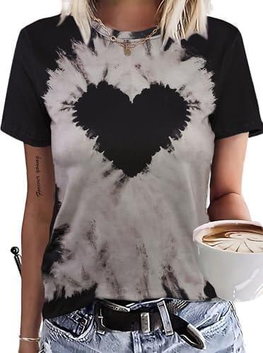 Remidoo Women's Casual Tie Dye Heart Graphic Tee Shirt Short Sleeve Crewneck Tops Black X-Large 
