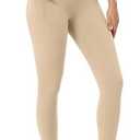 ODODOS Women's Cross Waist 7/8 Yoga Leggings with Pockets, Inseam 25" Gathered Crossover Workout Yoga Pants, Beige, Large