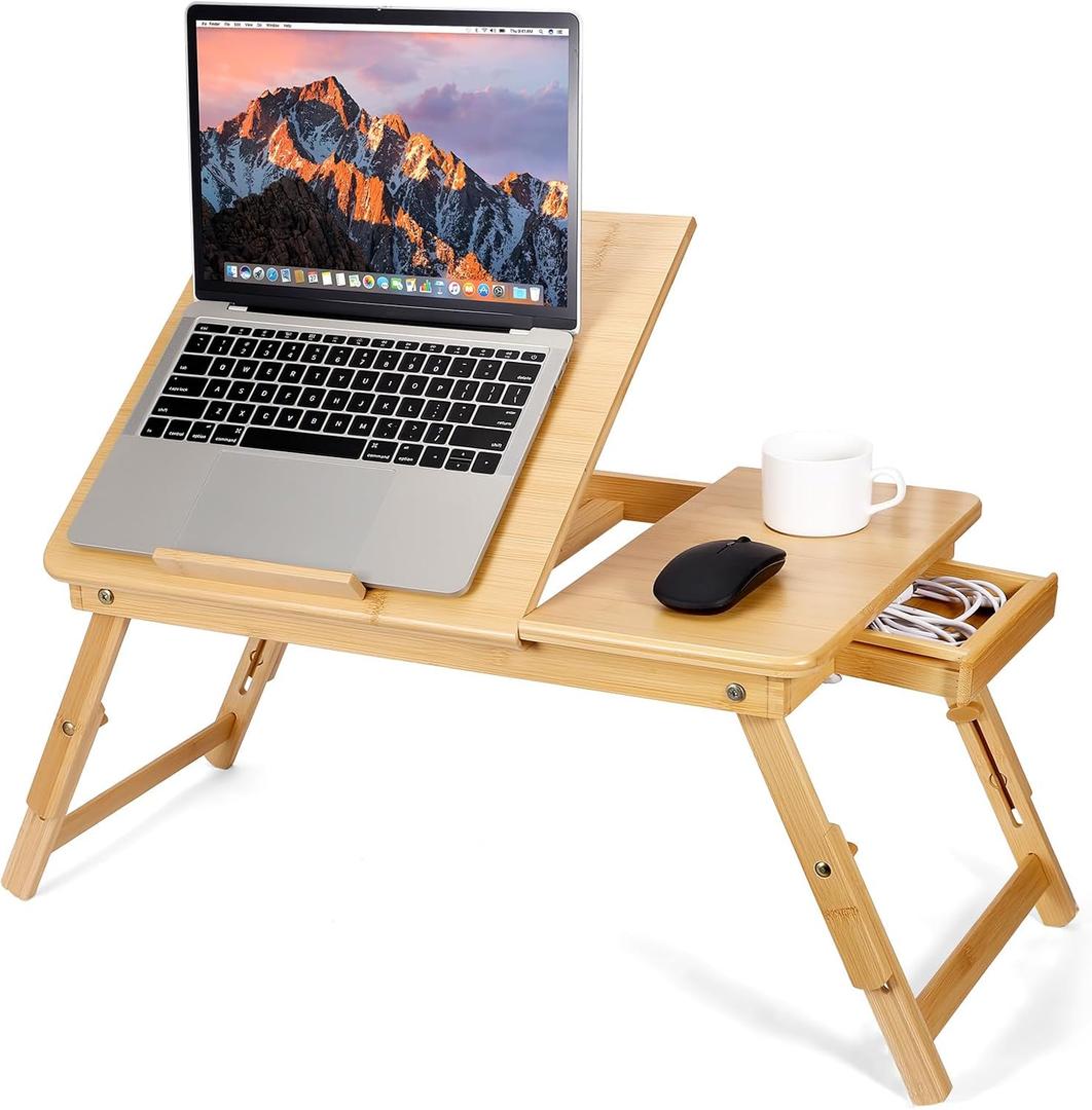 Bamboo Laptop Desk for Bed, Foldable Laptop Bed Desk Adjustable Height, Laptop Bed Stand Table with Tilting Top and Drawer