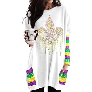 Mardi Gras Shirt Women Mardi Gras Carnival Long Sleeve Shirts New Orleans Party Blouse with Pockets, Small, White