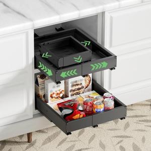 2 Pack Pull out Cabinet Organizer, Width (10"-15") Depth (11"-17"), with 3 Rails Adjustable Slide, Expandable Drawers for Cabinets, No Drill Adhesive Kitchen Drawers for Pantry Shelves black
