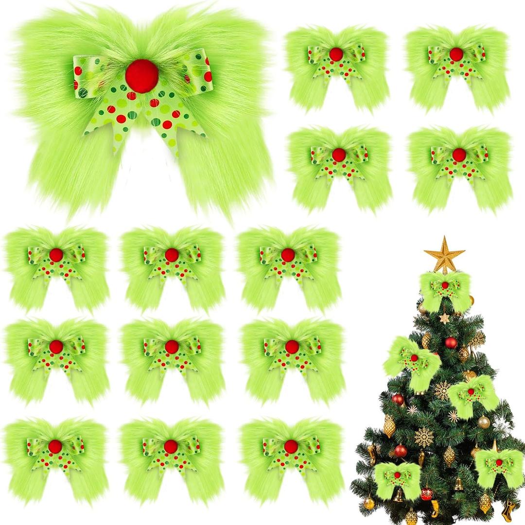 Lime Green Christmas Bows Tree Decorations 14PCS, DIY Christmas Decorations Velvet Bow Wreath with Ribbon Ornaments, Whimsical Xmas Decor Gift Wrap Crafts for Party Mantel Door Window