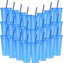 Amyhill 24 Pcs Reusable Cups with Lids and Straws 24 oz Glitter Iced Coffee Tumbler Plastic Travel Mug Cup for Smoothie Juices Birthday Sleepover Party Supplies for Girls(Blue)