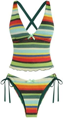 ZAFUL Women's Tankini Set V Neck Tummy Control Floral Printed Tie Side Thong Bikini Swimsuits 2 Piece Bathing Suits size Large
