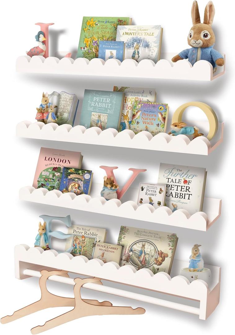 Tots & Pals Upgraded Thick Nursery Book Shelves Wall Mounted  4-Pack Floating Shelves with Upgraded Hanging Rod for Baby Room Organization, Parent-Installed Display for Books, Toys & Clothes (White)