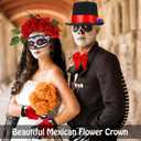 Tigeen 7 Pieces Halloween Day of the Dead Costume Accessories Set for Men and Women Skeleton Rose Couple Costume Skeleton Gloves Men's Hat Bow Tie Rose Floral Crown Veil Hair Clip