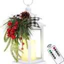Metal Christmas Vintage Candle Lanterns with Remote Control and Led Light, Plaid Ribbon Decorative Hanging Lantern for Indoor Outdoor Porch Decorations Party Gift, White, WOKEISE (Deluxe Edition With Remote-3)