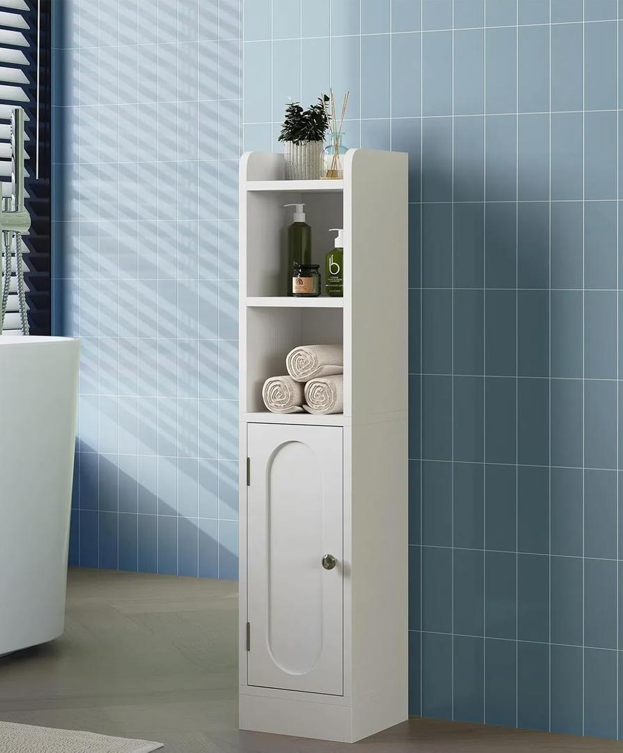 Small Bathroom Storage Cabinet, Narrow Slim Storage Cabinet with Doors and Adjustable Shelves,Freestanding Floor Corner Toilet Paper Organizer for Small Space,White